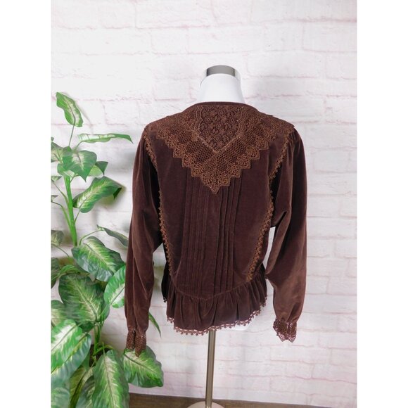 Vintage Japan Velvet Lace Victorian Prairie Blouse Boho Cottagecore L - Picture 7 of 12